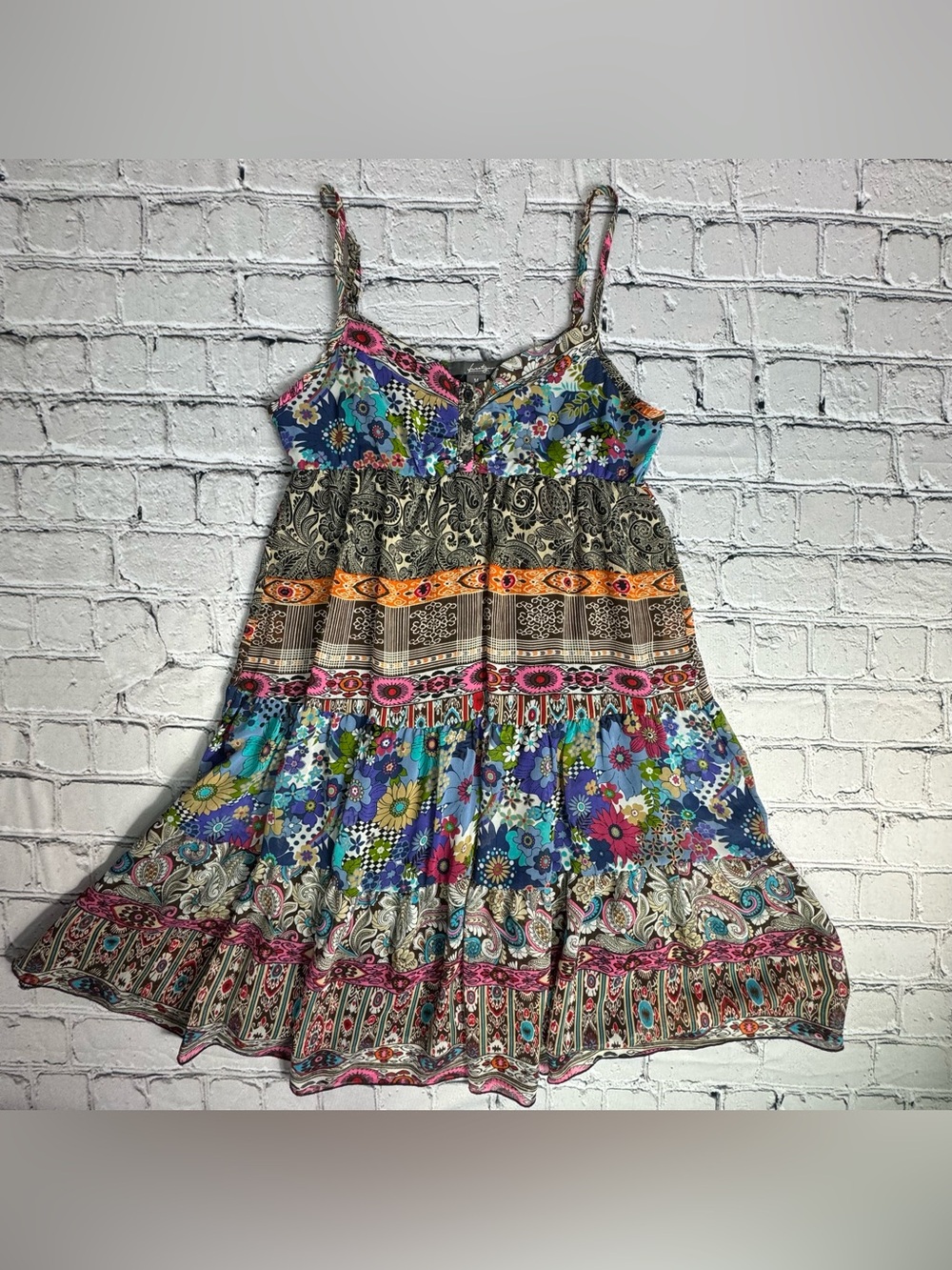 Y2K Forever 21 Striped Patterns Floral Boho Cami Babydoll Mini Dress Size M